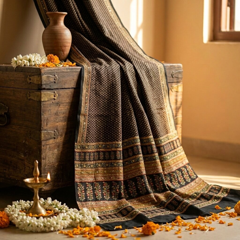 Sanskriti Vintage Saree Black Pure Crepe Floral Print Sari 5.5+Yard Craft Fabric