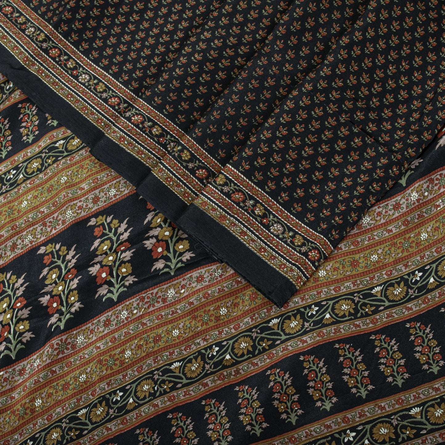 Sanskriti Vintage Saree Black Pure Crepe Floral Print Sari 5.5+Yard Craft Fabric