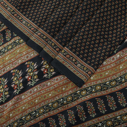 Sanskriti Vintage Saree Black Pure Crepe Floral Print Sari 5.5+Yard Craft Fabric