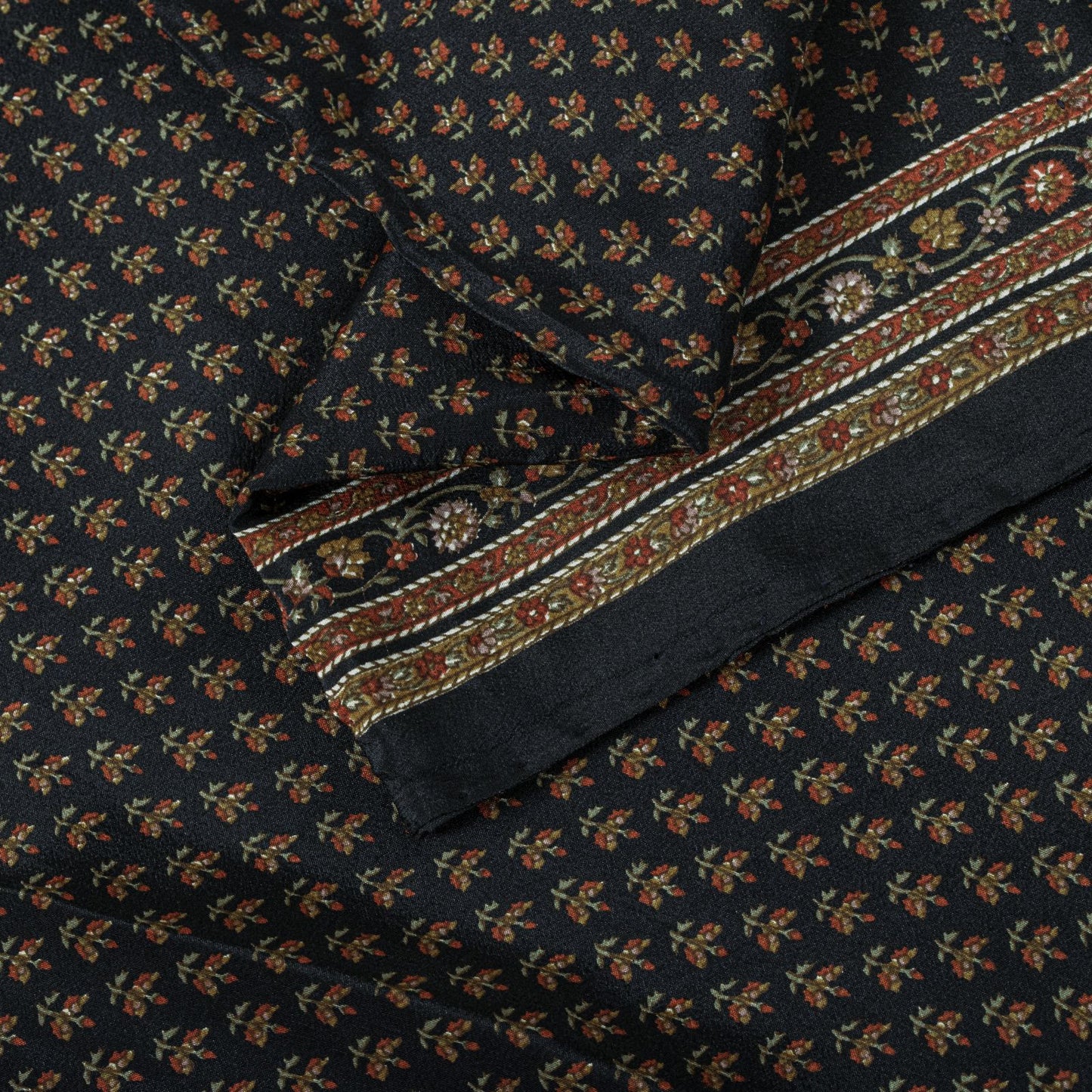 Sanskriti Vintage Saree Black Pure Crepe Floral Print Sari 5.5+Yard Craft Fabric