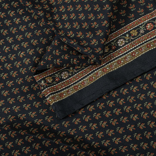 Sanskriti Vintage Saree Black Pure Crepe Floral Print Sari 5.5+Yard Craft Fabric