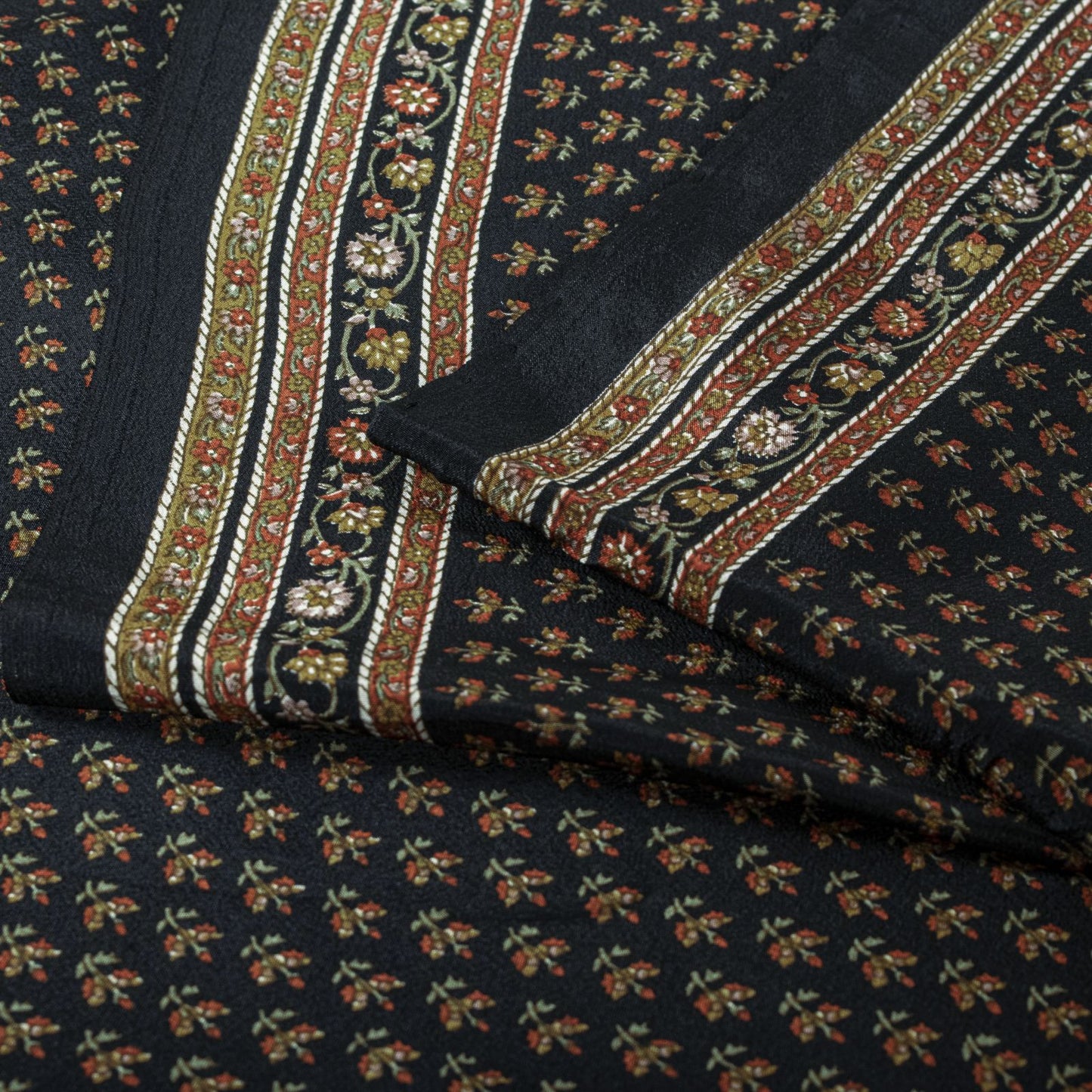 Sanskriti Vintage Saree Black Pure Crepe Floral Print Sari 5.5+Yard Craft Fabric