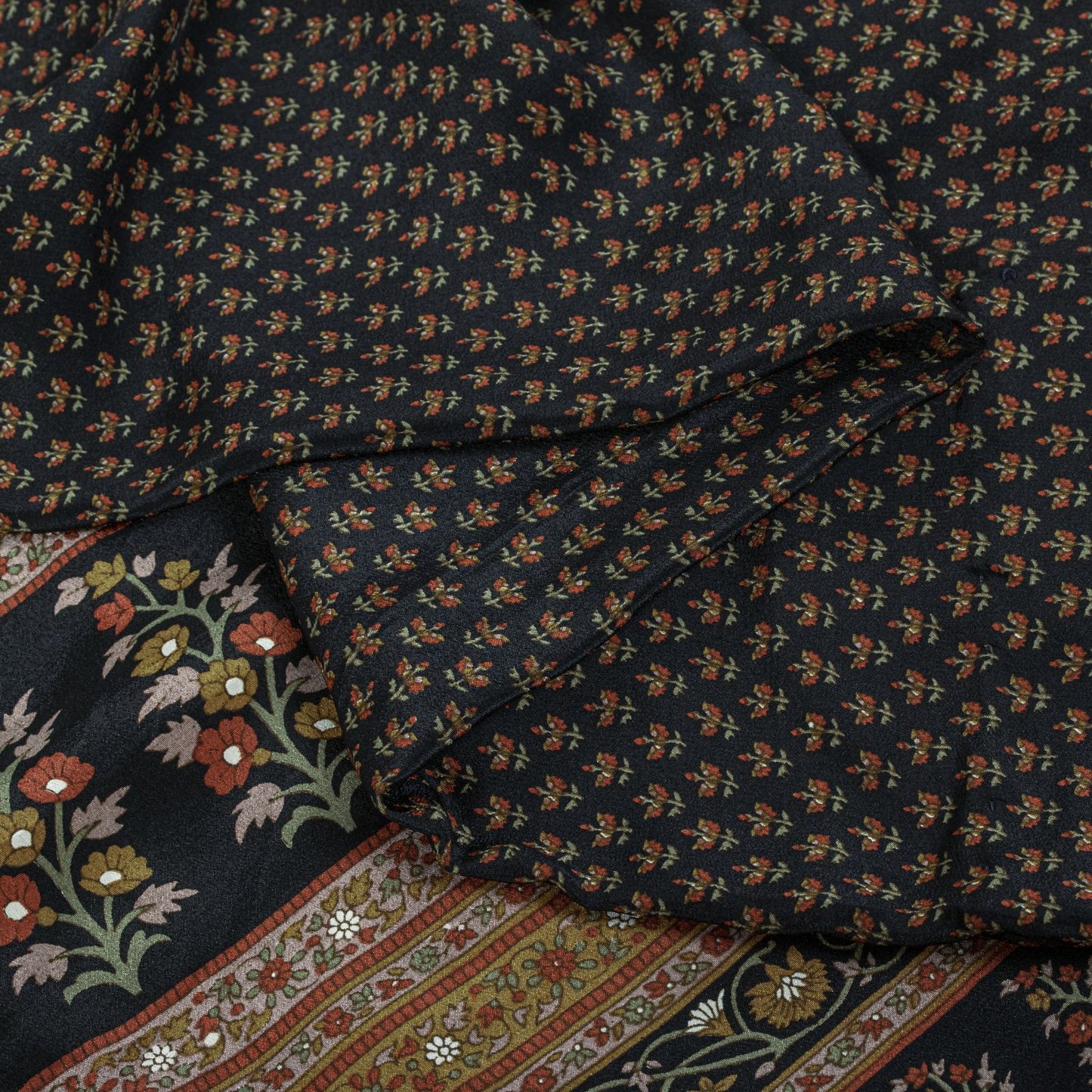 Sanskriti Vintage Saree Black Pure Crepe Floral Print Sari 5.5+Yard Craft Fabric