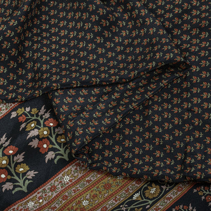 Sanskriti Vintage Saree Black Pure Crepe Floral Print Sari 5.5+Yard Craft Fabric