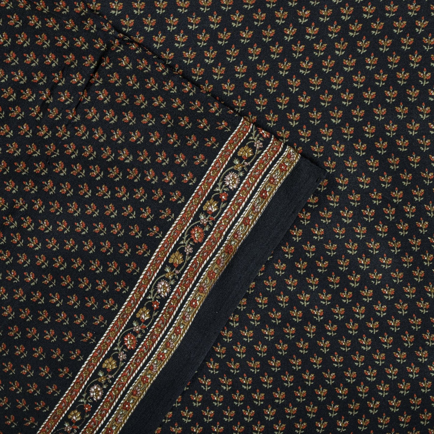 Sanskriti Vintage Saree Black Pure Crepe Floral Print Sari 5.5+Yard Craft Fabric