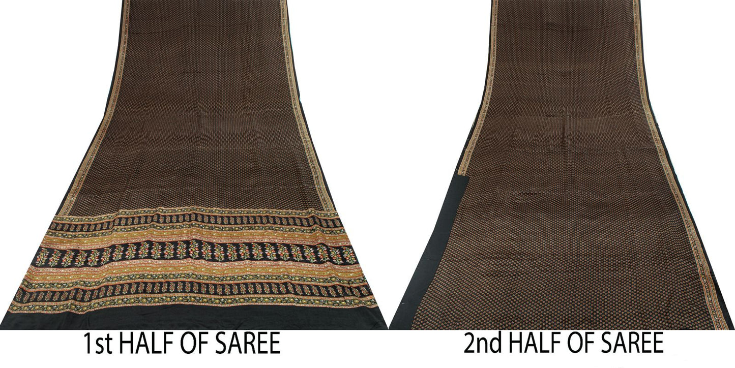 Sanskriti Vintage Saree Black Pure Crepe Floral Print Sari 5.5+Yard Craft Fabric