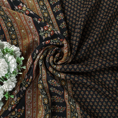 Sanskriti Vintage Saree Black Pure Crepe Floral Print Sari 5.5+Yard Craft Fabric