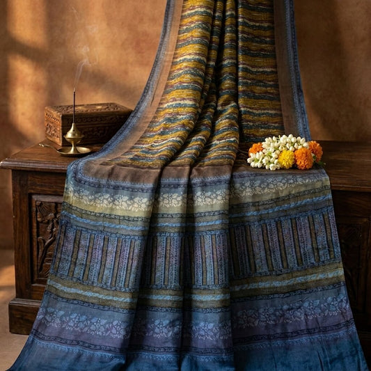 Sanskriti Vintage Saree Blue Pure Crepe Abstract Print Sari 5.5Yard Craft Fabric