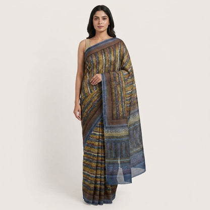 Sanskriti Vintage Saree Blue Pure Crepe Abstract Print Sari 5.5Yard Craft Fabric