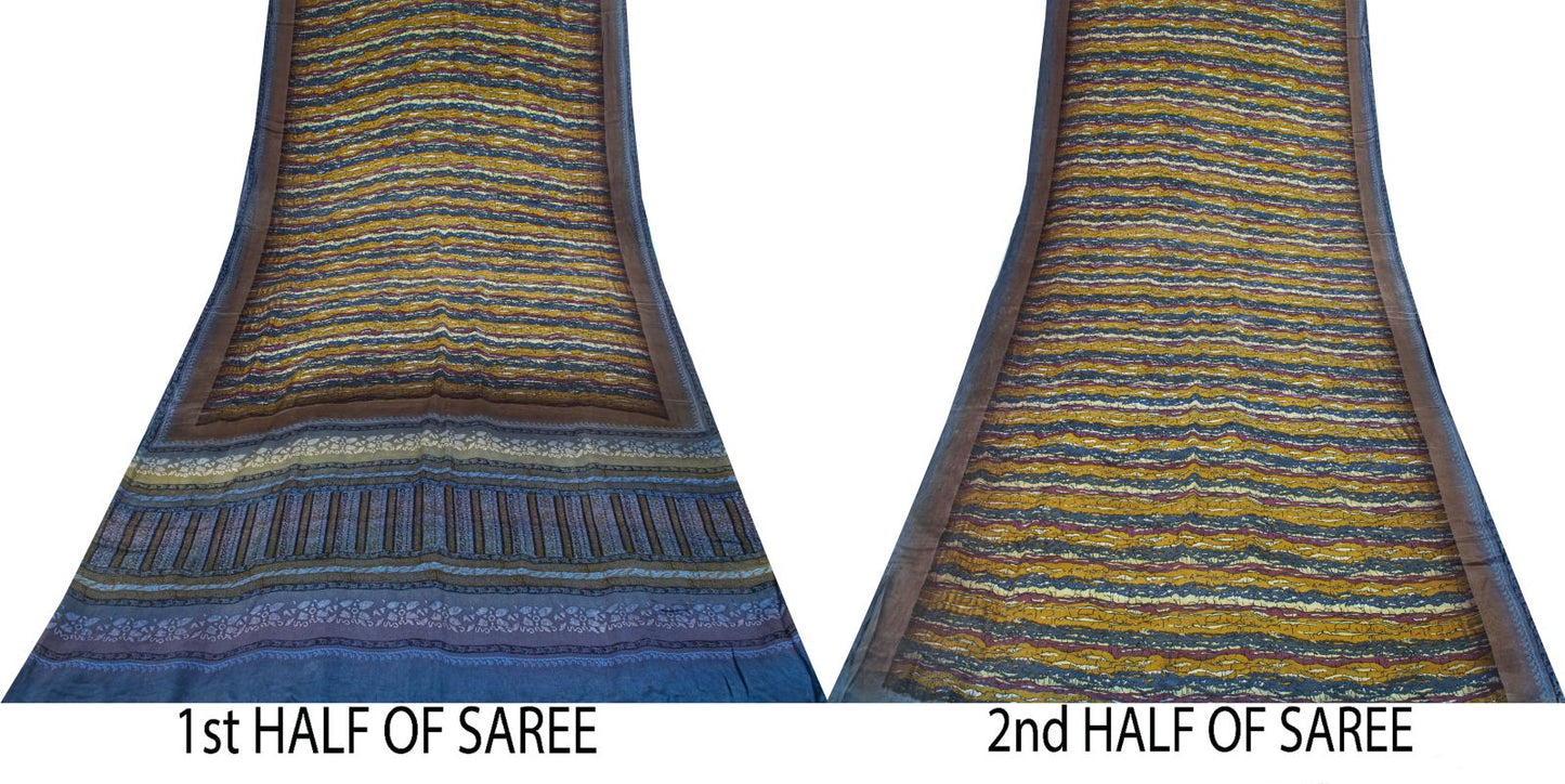 Sanskriti Vintage Saree Blue Pure Crepe Abstract Print Sari 5.5Yard Craft Fabric