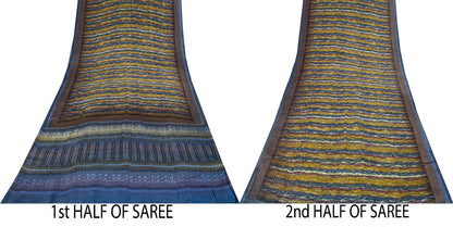 Sanskriti Vintage Saree Blue Pure Crepe Abstract Print Sari 5.5Yard Craft Fabric