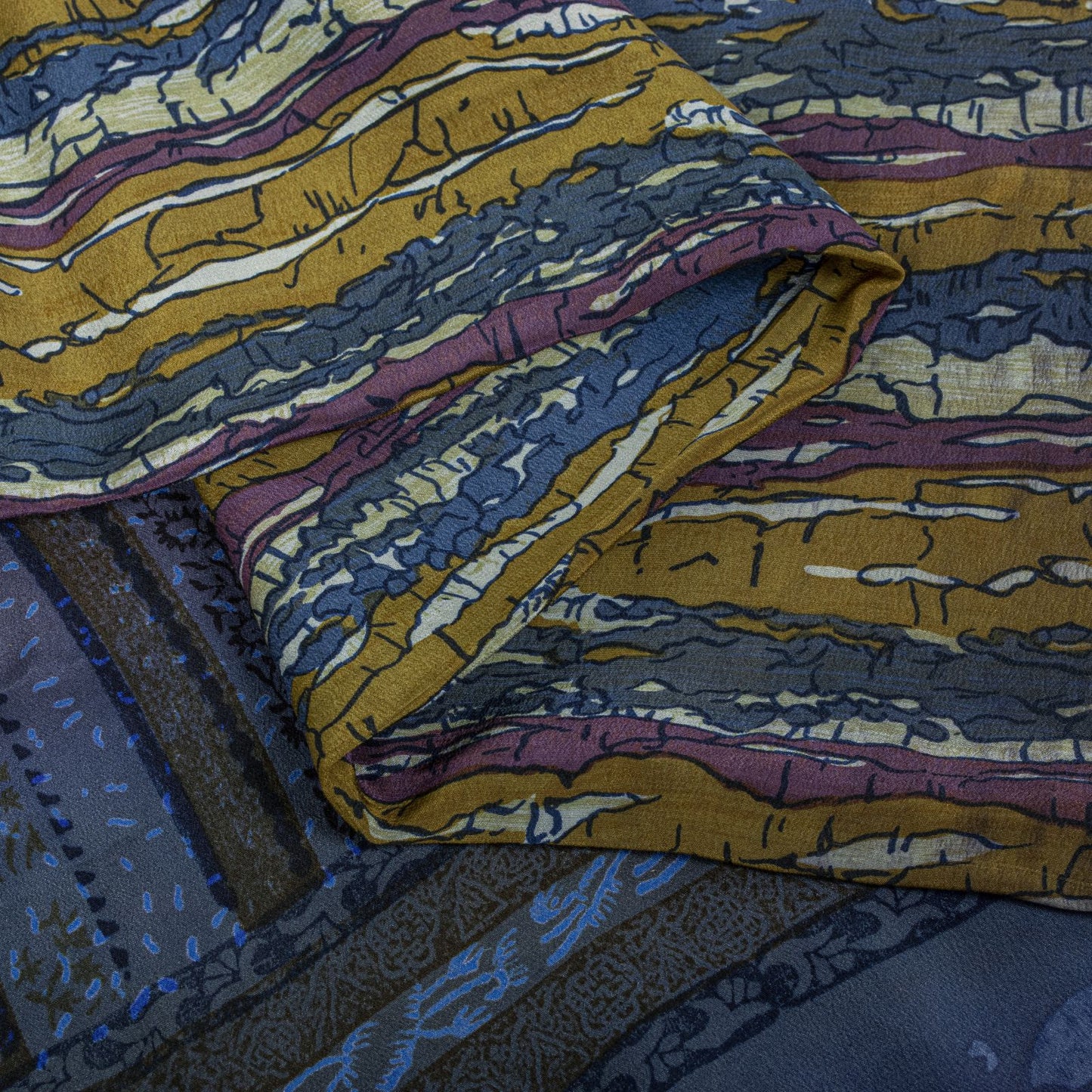 Sanskriti Vintage Saree Blue Pure Crepe Abstract Print Sari 5.5Yard Craft Fabric