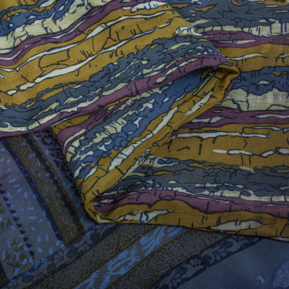 Sanskriti Vintage Saree Blue Pure Crepe Abstract Print Sari 5.5Yard Craft Fabric