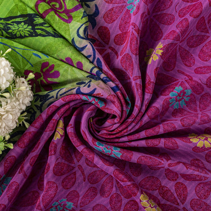 Sanskriti Vintage Saree Purple-Green Pure Crepe Floral Print Sari 5+Yard Fabric