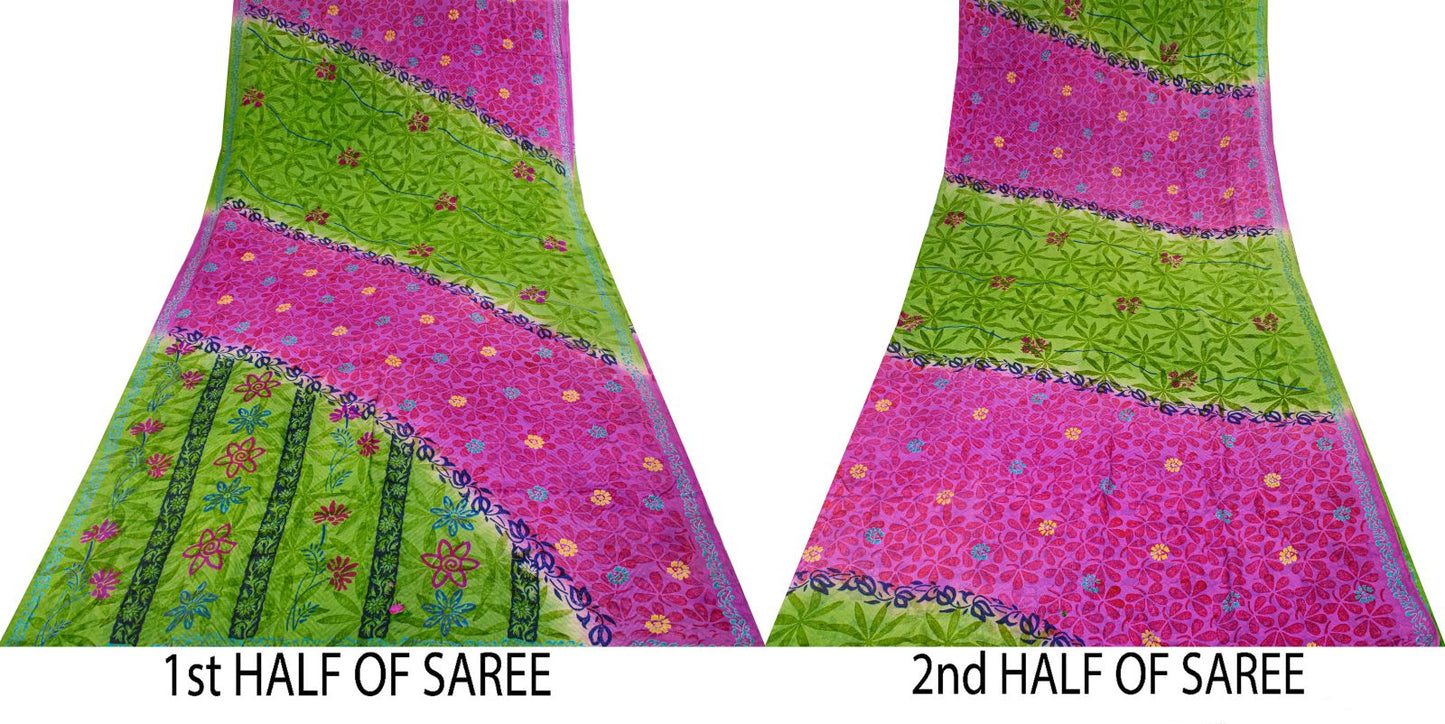 Sanskriti Vintage Saree Purple-Green Pure Crepe Floral Print Sari 5+Yard Fabric