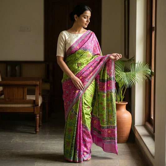 Sanskriti Vintage Saree Purple-Green Pure Crepe Floral Print Sari 5+Yard Fabric