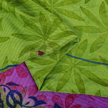 Sanskriti Vintage Saree Purple-Green Pure Crepe Floral Print Sari 5+Yard Fabric