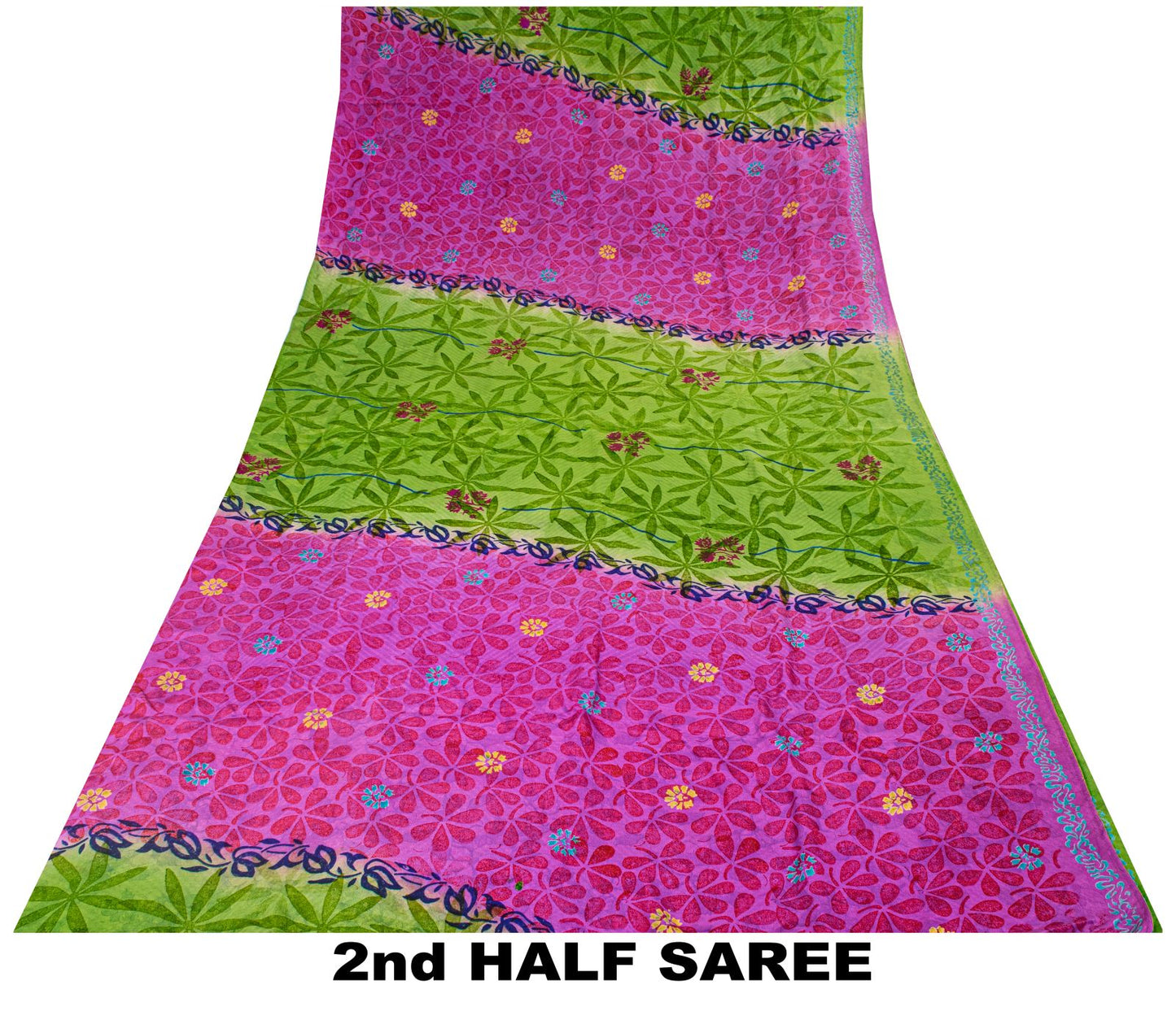 Sanskriti Vintage Saree Purple-Green Pure Crepe Floral Print Sari 5+Yard Fabric
