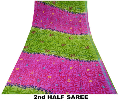 Sanskriti Vintage Saree Purple-Green Pure Crepe Floral Print Sari 5+Yard Fabric