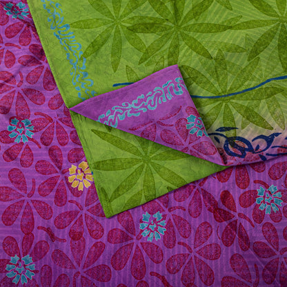 Sanskriti Vintage Saree Purple-Green Pure Crepe Floral Print Sari 5+Yard Fabric