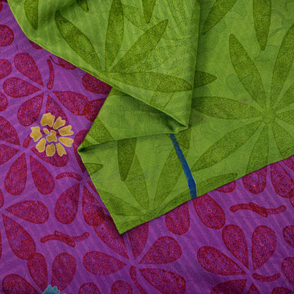 Sanskriti Vintage Saree Purple-Green Pure Crepe Floral Print Sari 5+Yard Fabric