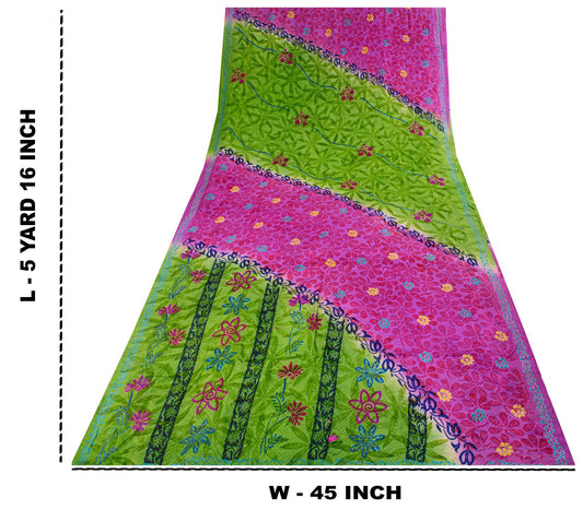 Sanskriti Vintage Saree Purple-Green Pure Crepe Floral Print Sari 5+Yard Fabric