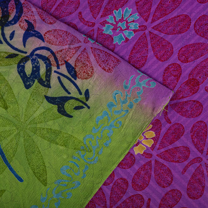 Sanskriti Vintage Saree Purple-Green Pure Crepe Floral Print Sari 5+Yard Fabric
