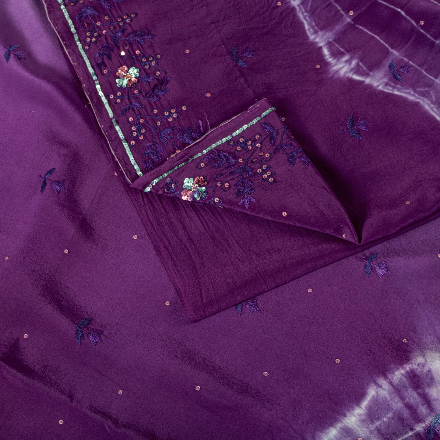 Sanskriti Vintage Saree Pure Crepe Purple Tie-Dye Hand Embroidered Sari Fabric