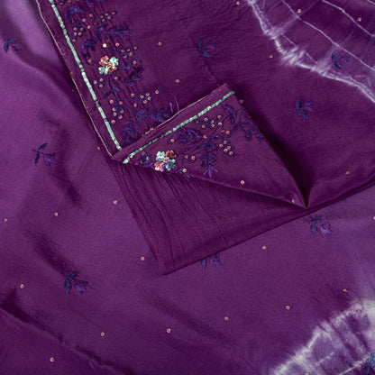Sanskriti Vintage Saree Pure Crepe Purple Tie-Dye Hand Embroidered Sari Fabric