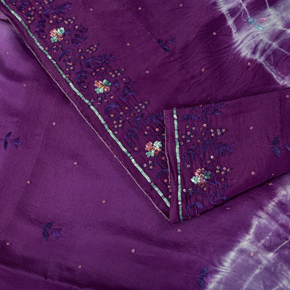 Sanskriti Vintage Saree Pure Crepe Purple Tie-Dye Hand Embroidered Sari Fabric