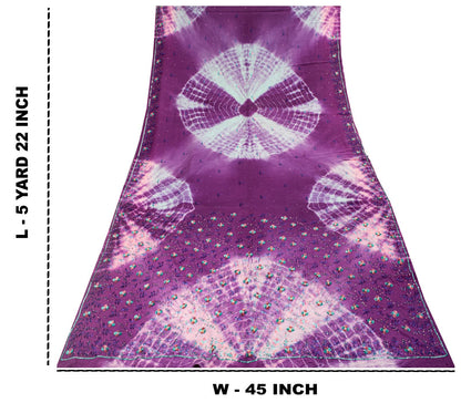 Sanskriti Vintage Saree Pure Crepe Purple Tie-Dye Hand Embroidered Sari Fabric