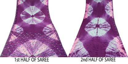 Sanskriti Vintage Saree Pure Crepe Purple Tie-Dye Hand Embroidered Sari Fabric