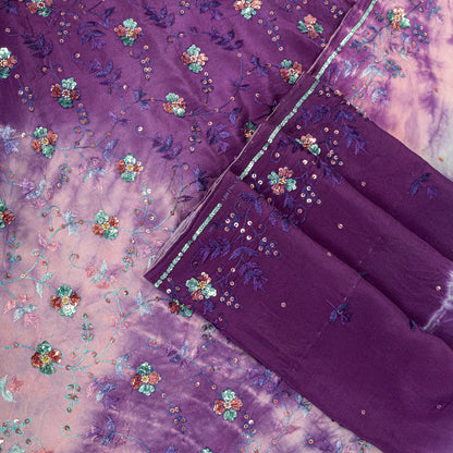 Sanskriti Vintage Saree Pure Crepe Purple Tie-Dye Hand Embroidered Sari Fabric