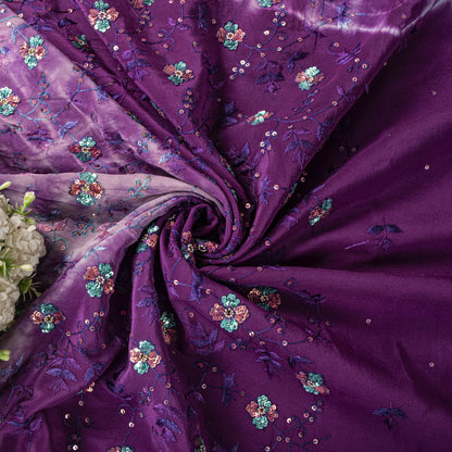 Sanskriti Vintage Saree Pure Crepe Purple Tie-Dye Hand Embroidered Sari Fabric