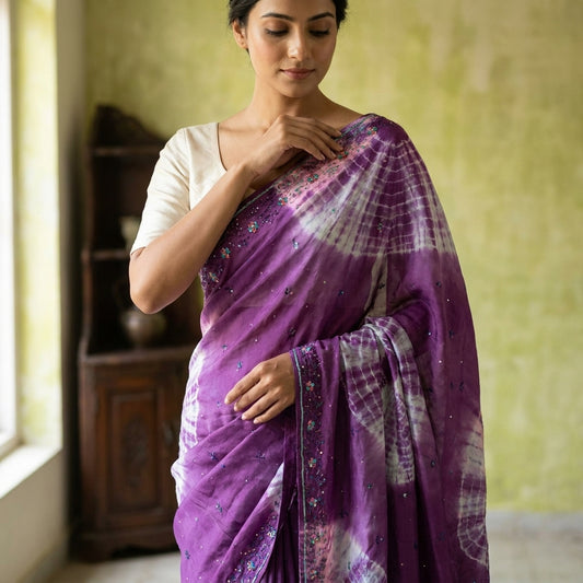 Sanskriti Vintage Saree Pure Crepe Purple Tie-Dye Hand Embroidered Sari Fabric