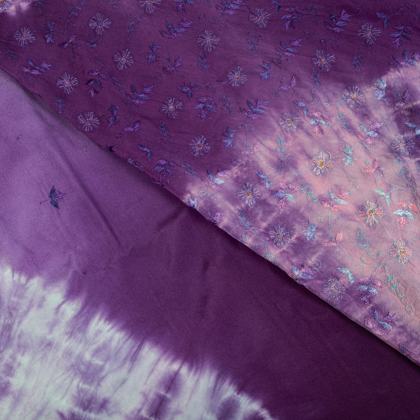 Sanskriti Vintage Saree Pure Crepe Purple Tie-Dye Hand Embroidered Sari Fabric