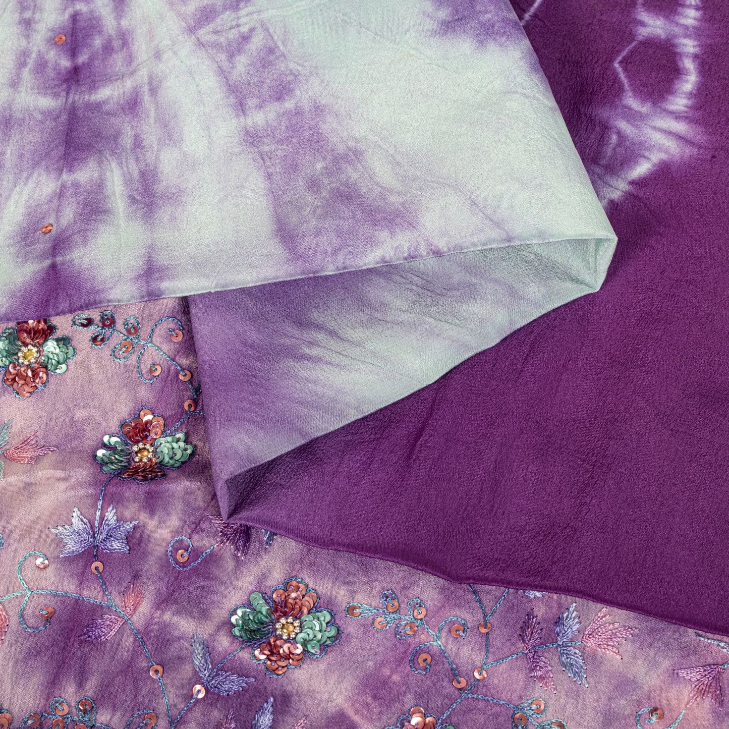 Sanskriti Vintage Saree Pure Crepe Purple Tie-Dye Hand Embroidered Sari Fabric