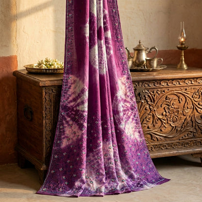 Sanskriti Vintage Saree Pure Crepe Purple Tie-Dye Hand Embroidered Sari Fabric