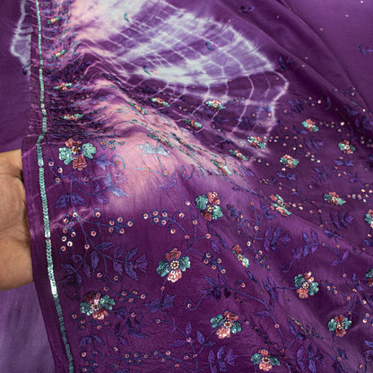 Sanskriti Vintage Saree Pure Crepe Purple Tie-Dye Hand Embroidered Sari Fabric