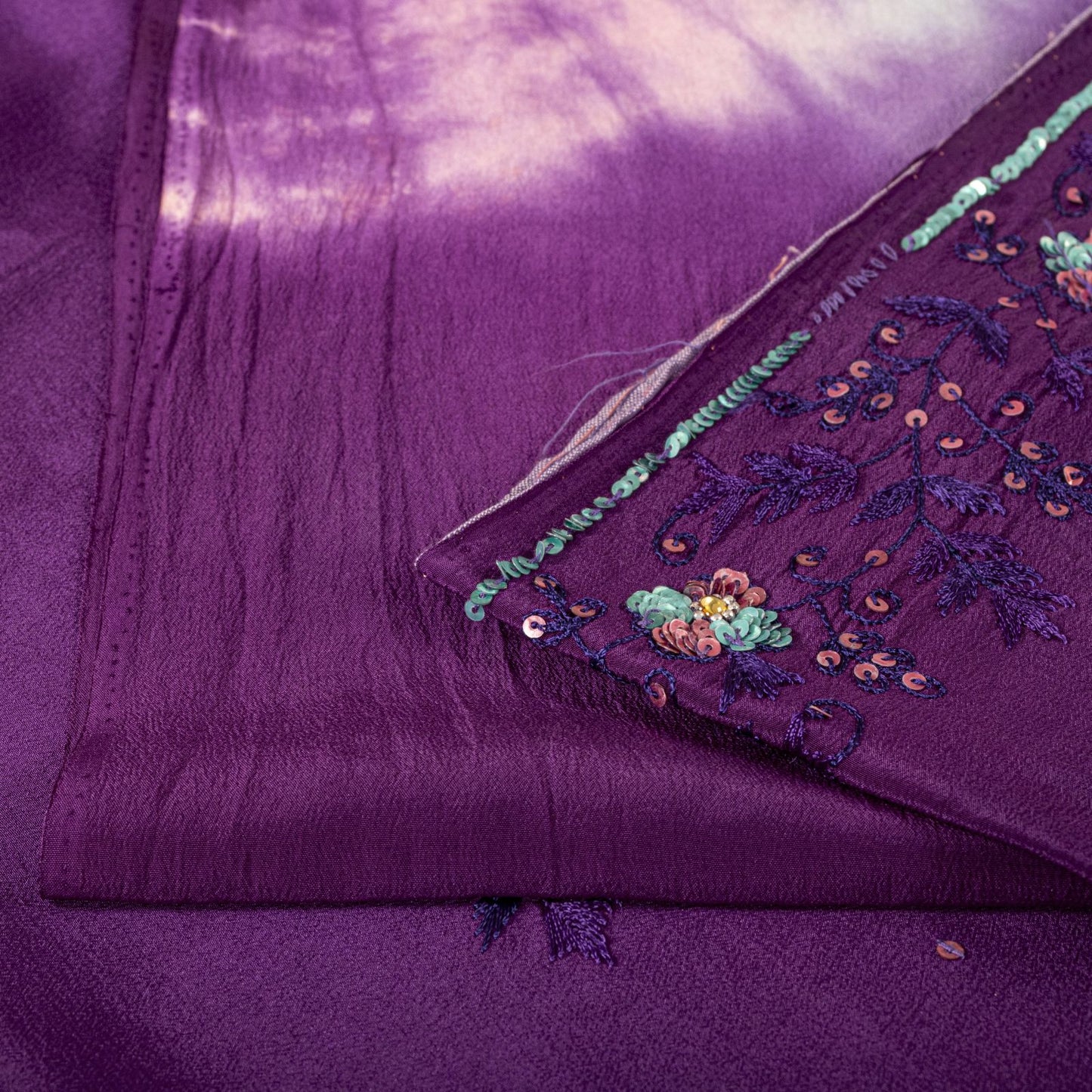 Sanskriti Vintage Saree Pure Crepe Purple Tie-Dye Hand Embroidered Sari Fabric