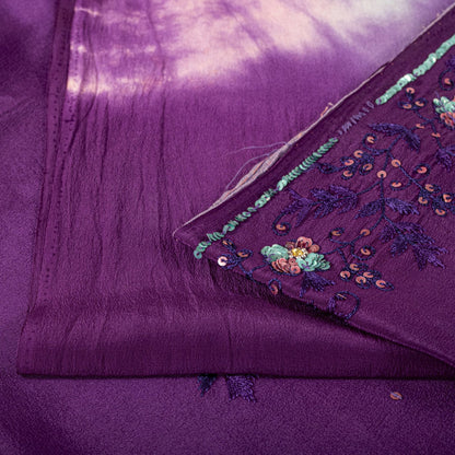 Sanskriti Vintage Saree Pure Crepe Purple Tie-Dye Hand Embroidered Sari Fabric