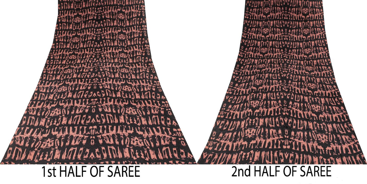 Sanskriti Vintage Saree Black Pure Crepe Abstract Printed Sari 5+Yd Craft Fabric