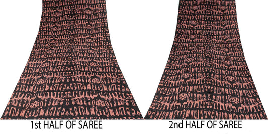 Sanskriti Vintage Saree Black Pure Crepe Abstract Printed Sari 5+Yd Craft Fabric