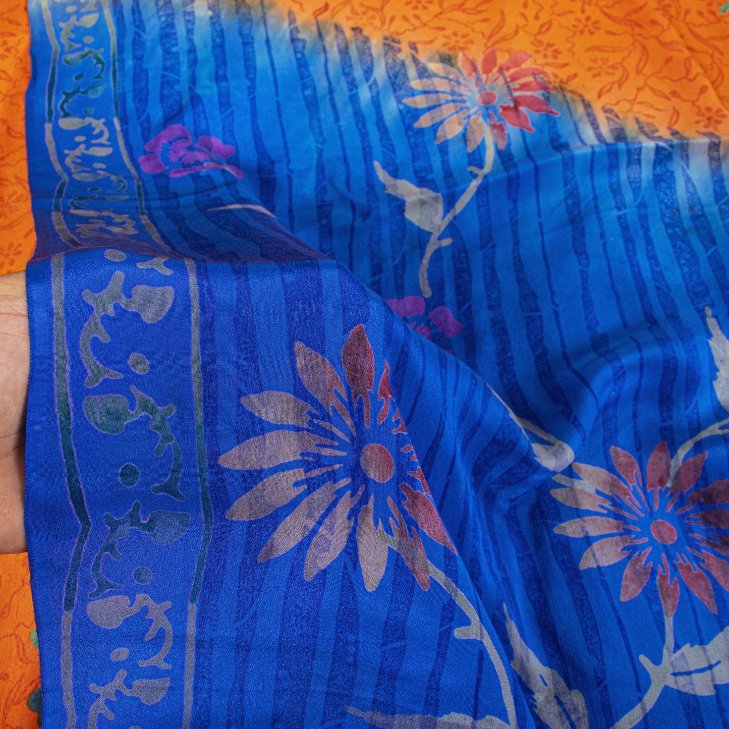 Sanskriti Vintage Saree Orange-Blue Pure Crepe Floral Printed Sari 5.5+Yd Fabric