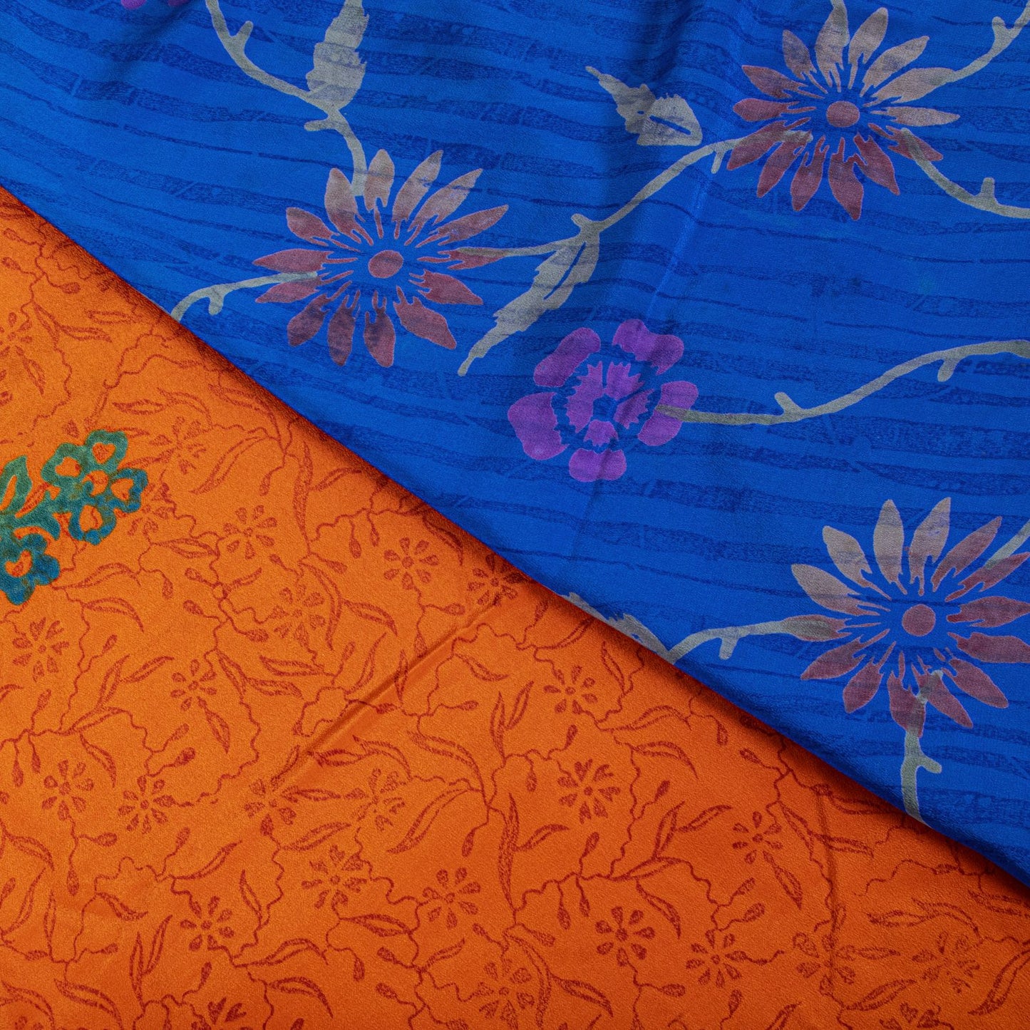 Sanskriti Vintage Saree Orange-Blue Pure Crepe Floral Printed Sari 5.5+Yd Fabric