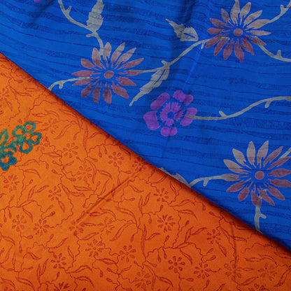 Sanskriti Vintage Saree Orange-Blue Pure Crepe Floral Printed Sari 5.5+Yd Fabric