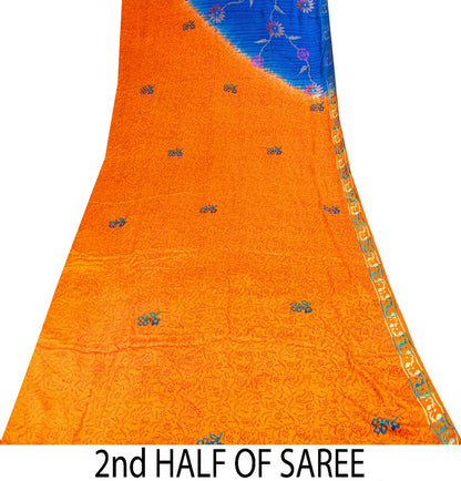 Sanskriti Vintage Saree Orange-Blue Pure Crepe Floral Printed Sari 5.5+Yd Fabric