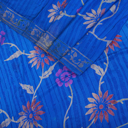 Sanskriti Vintage Saree Orange-Blue Pure Crepe Floral Printed Sari 5.5+Yd Fabric