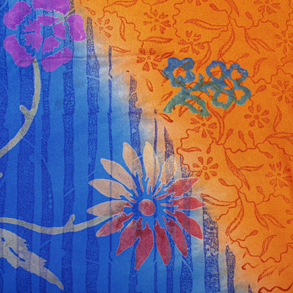 Sanskriti Vintage Saree Orange-Blue Pure Crepe Floral Printed Sari 5.5+Yd Fabric