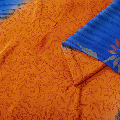 Sanskriti Vintage Saree Orange-Blue Pure Crepe Floral Printed Sari 5.5+Yd Fabric